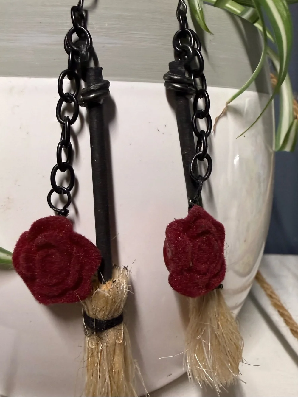 Handmade Witches Broom & Velvet Rose Earrings | Whimsigoth Goth Spooky Season